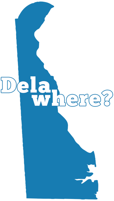 Image of the shape of the state of Delaware with the words 'Delawhere?' over top