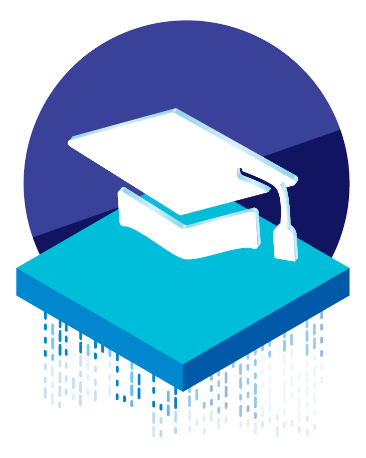 Illustration of an isometric view of a graduation cap on an elevated platform.