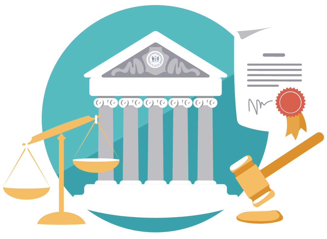 Courts, Laws, and Protection Guide graphic with a gavel, court, State Seal and scales