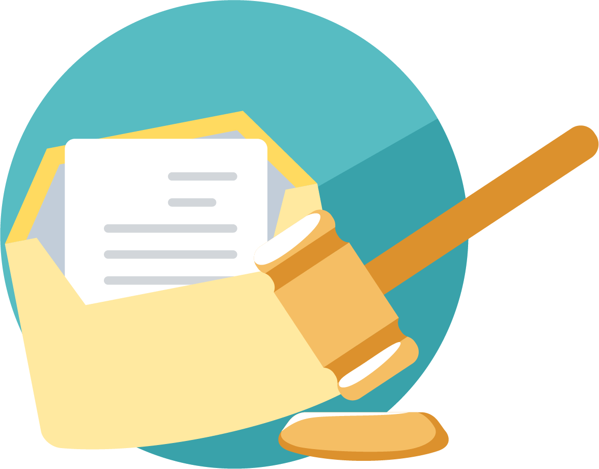 Stylized illustration of a opened piece of mail and a gavel.