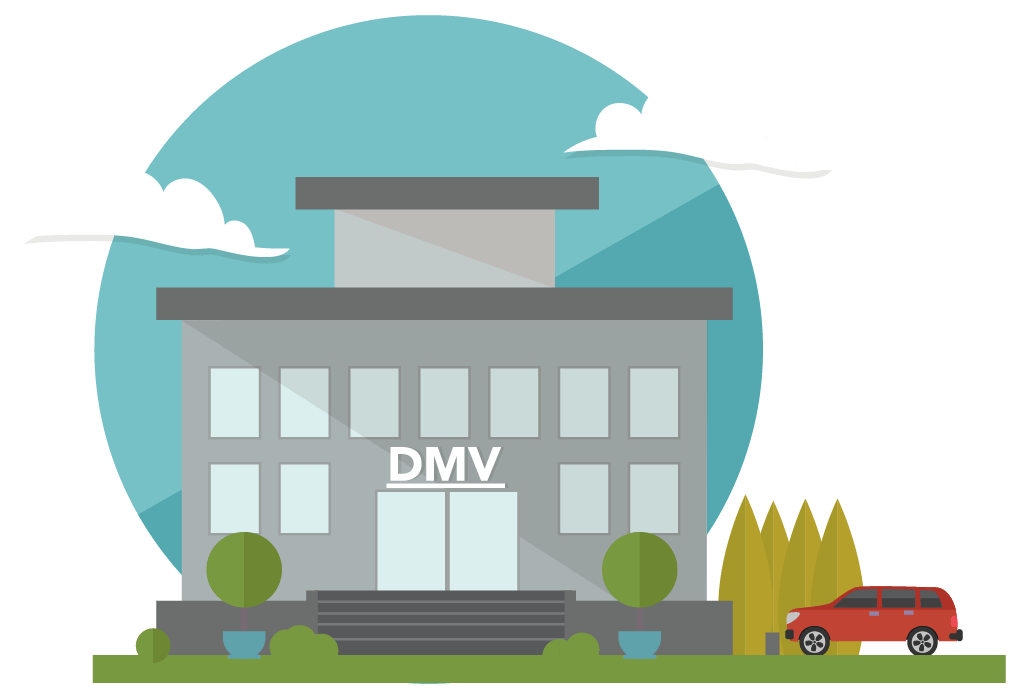 Illustration of a DMV, Department of Motor Vehicle building.