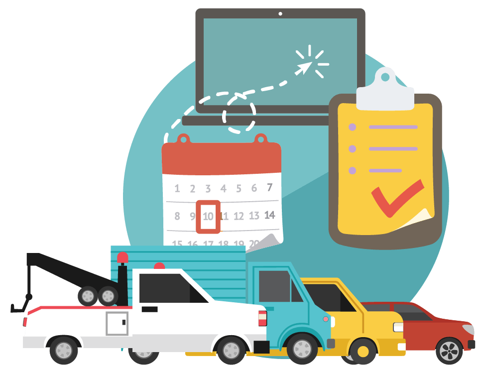 Illustration of various types of cars, a clipboard, computer and a calendar.