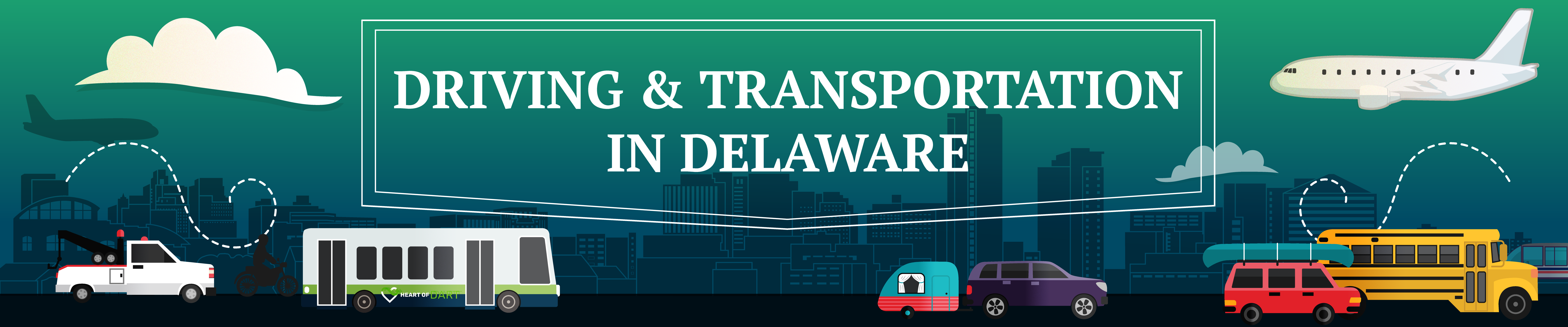 A graphic of a car driving in Delaware with the words Driving and Transportation in Delaware