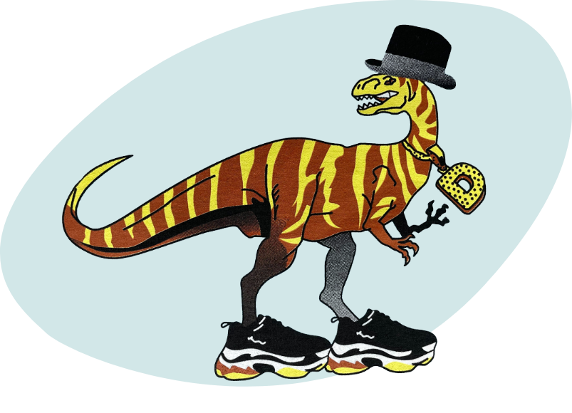 Shue-Medill student artwork of the Dryptosauridae dinosaur. This yellow and brown stripped dinosaur wears a classic fedora hat, a golden chain necklace encrusted with diamonds of the letter “D” and black sneakers.