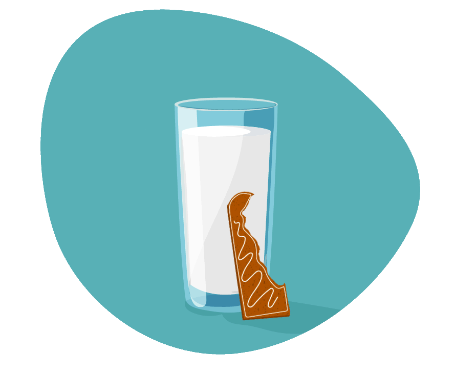 An illustration of a tall glass of milk with the shape of Delaware cookie wiggling next to the glass.