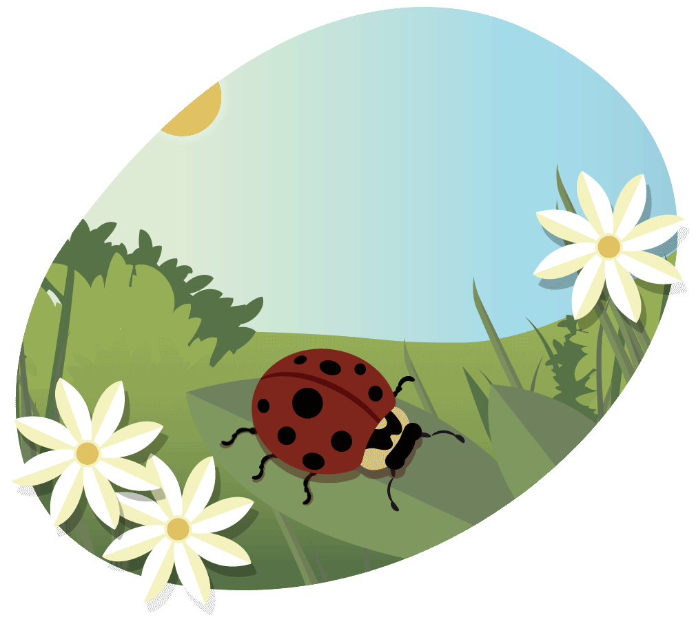 An illustration of the state official bug, the Ladybug wriggling on a leaf among beautiful flowers on a sunny day.