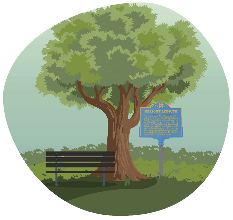 An illustration of Ebright Azimuth, including the historical marker. There are whips of flower petals moving around the tree.