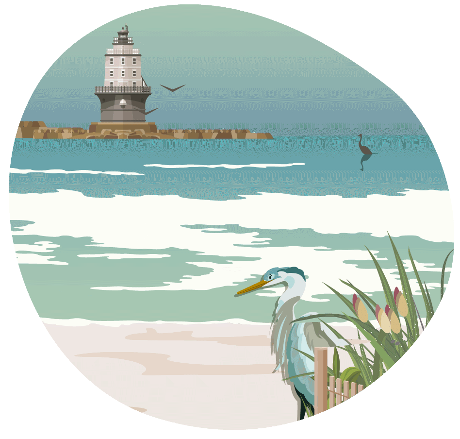 Illustration of a Delaware beach with birds relaxing on the beach, a lighthouse is seen in the background.