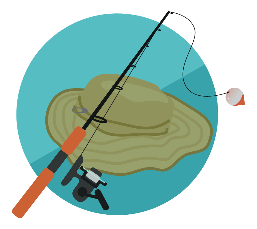 Illustration of a fishing hat and fishing pole with a license.