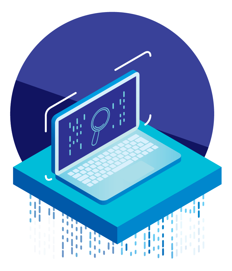 Illustration of an isometric laptop with a search icon representing searching through the Delaware Job Link.