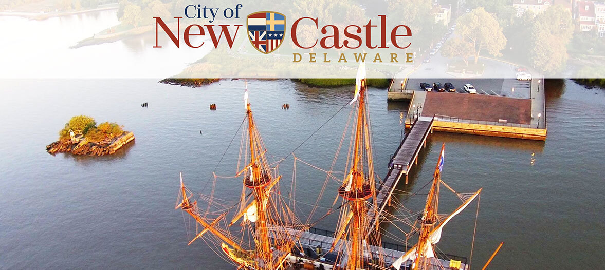 An ariel view of Historic New Castle showcasing the hisotric Kalmar Nyckel.