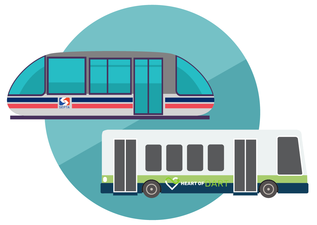 Illustration a SEPTA bus and a DART bus symbolizing public transportation.