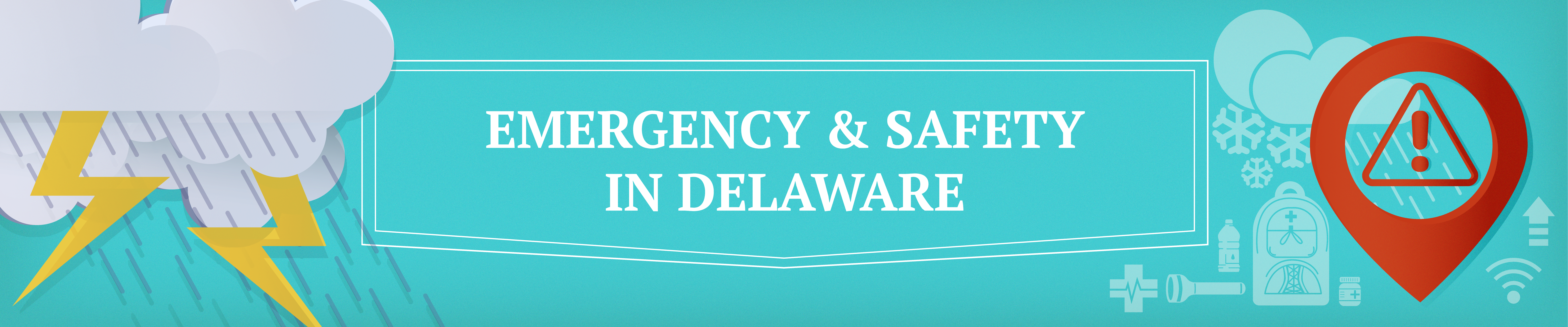 Thunderstorm clouds, a hazard symbol and other emergency symbols with the words Emergency and Safety in Delaware.