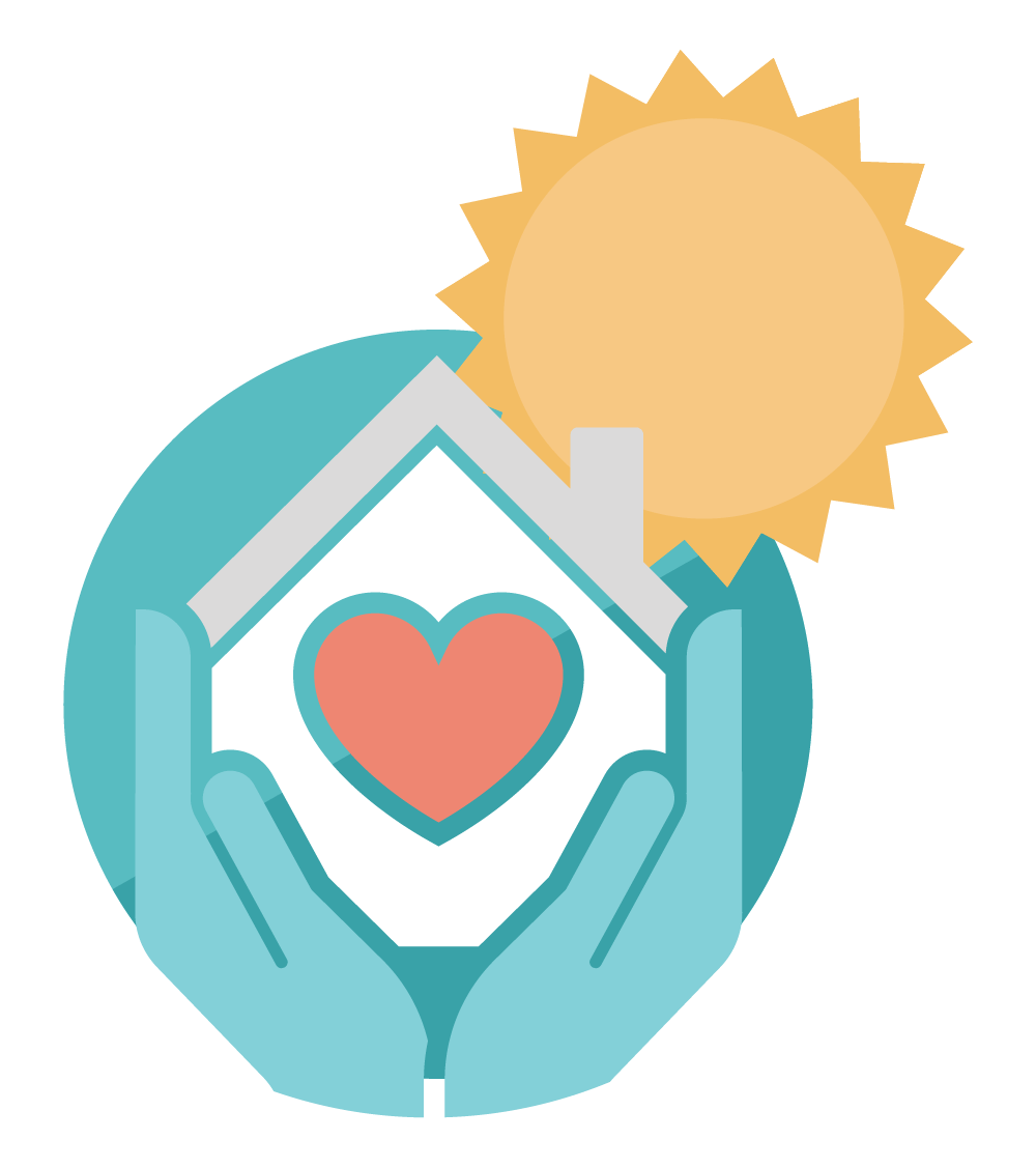 Stylized illustration of a home with a heart in the center and hands holding it.