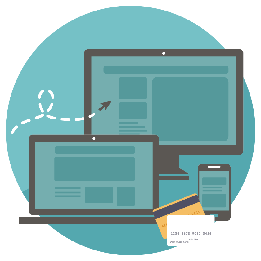 Illustration of a laptop, desktop and mobile phone navigating an online payment system to pay a ticket.