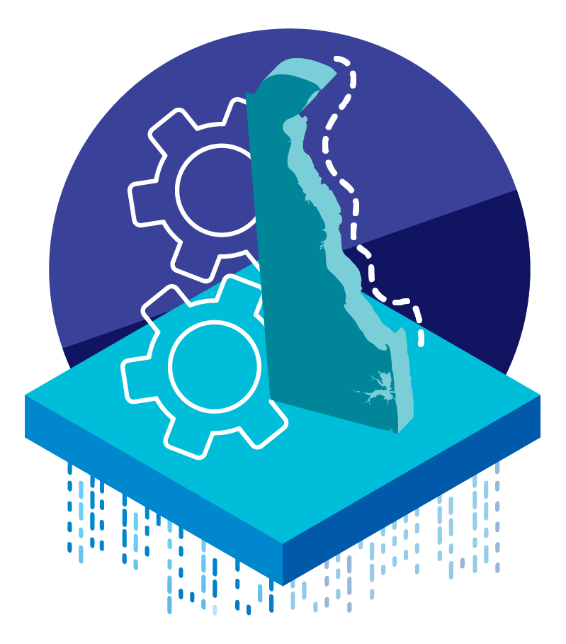 Two gear cogs and a 3-D shape of the state of Delaware hovering over a square.